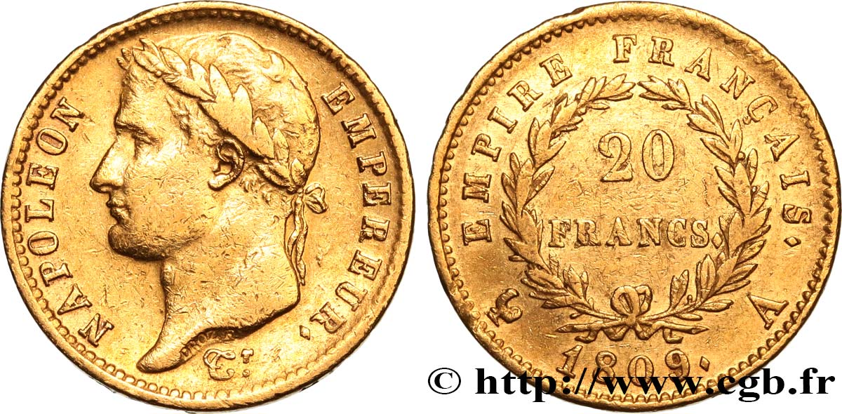 20 francs or Napoléon tête laurée, Empire français 1809 Paris F.516/1 MBC45 