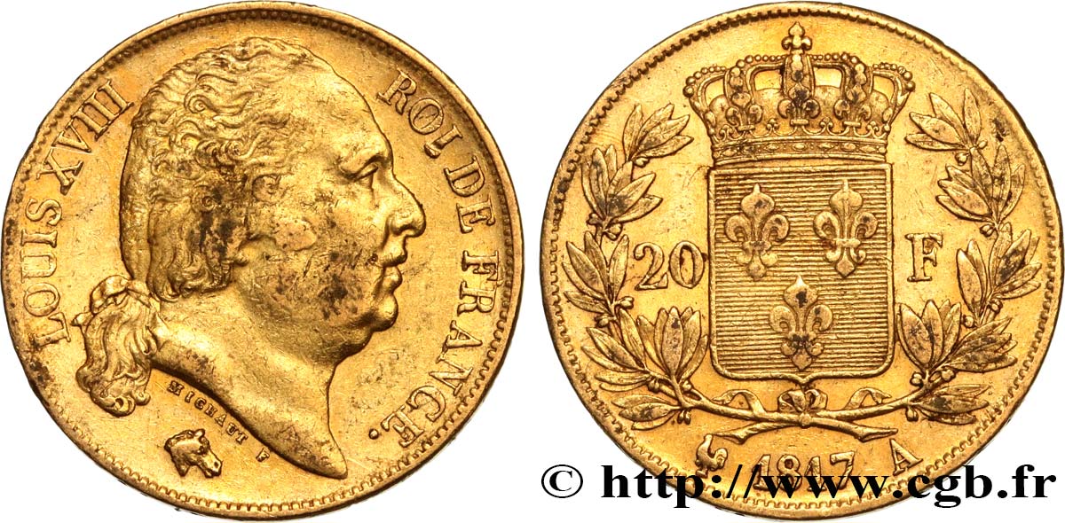 20 francs or Louis XVIII, tête nue 1817 Paris F.519/5 XF45 