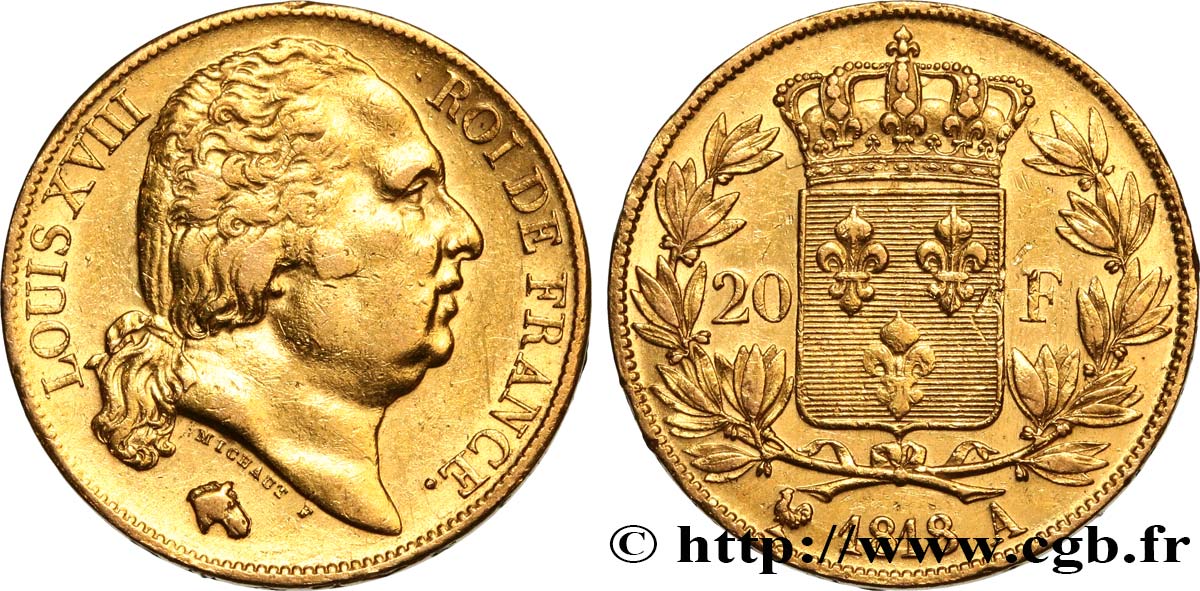 20 francs or Louis XVIII, tête nue 1818 Paris F.519/10 fVZ 