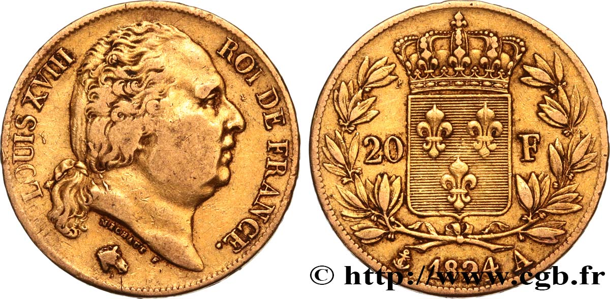 20 francs or Louis XVIII, tête nue 1824 Paris F.519/31 SS40 