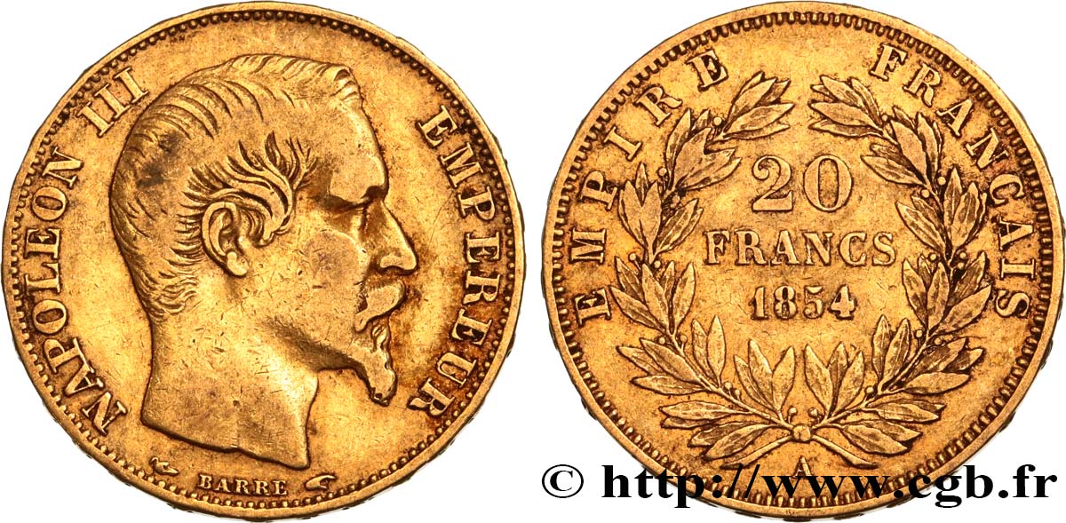 20 francs or Napoléon III, tête nue 1854 Paris F.531/2 VF35 