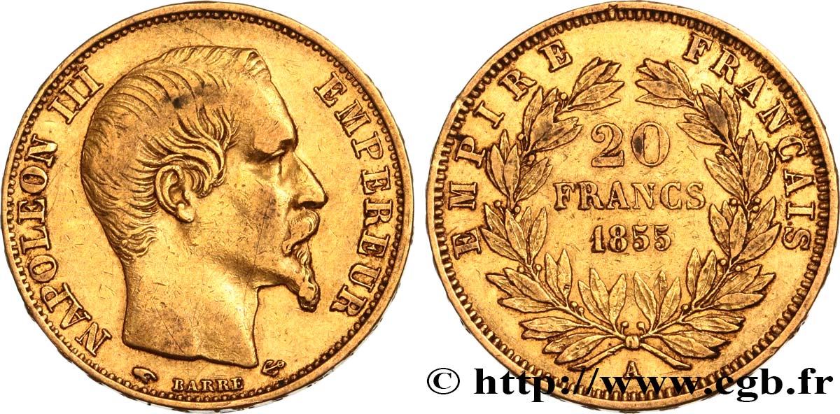 20 francs or Napoléon III, tête nue 1855 Paris F.531/4 VF35 