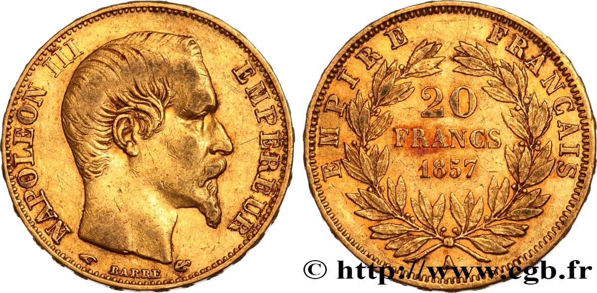 20 francs or Napoléon III, tête nue 1857 Paris F.531/12 SS40 