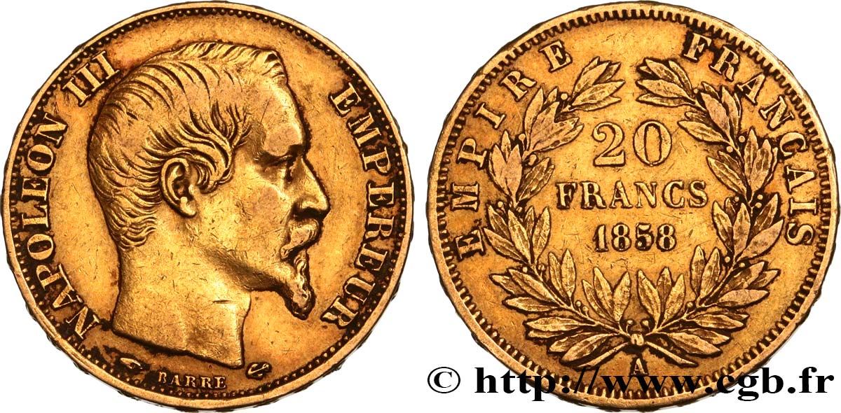 20 francs or Napoléon III, tête nue 1858 Paris F.531/13 SS40 