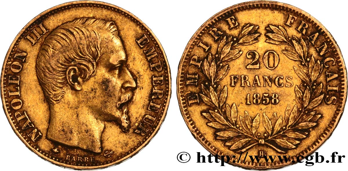 20 francs or Napoléon III, tête nue 1858 Strasbourg F.531/14 XF42 