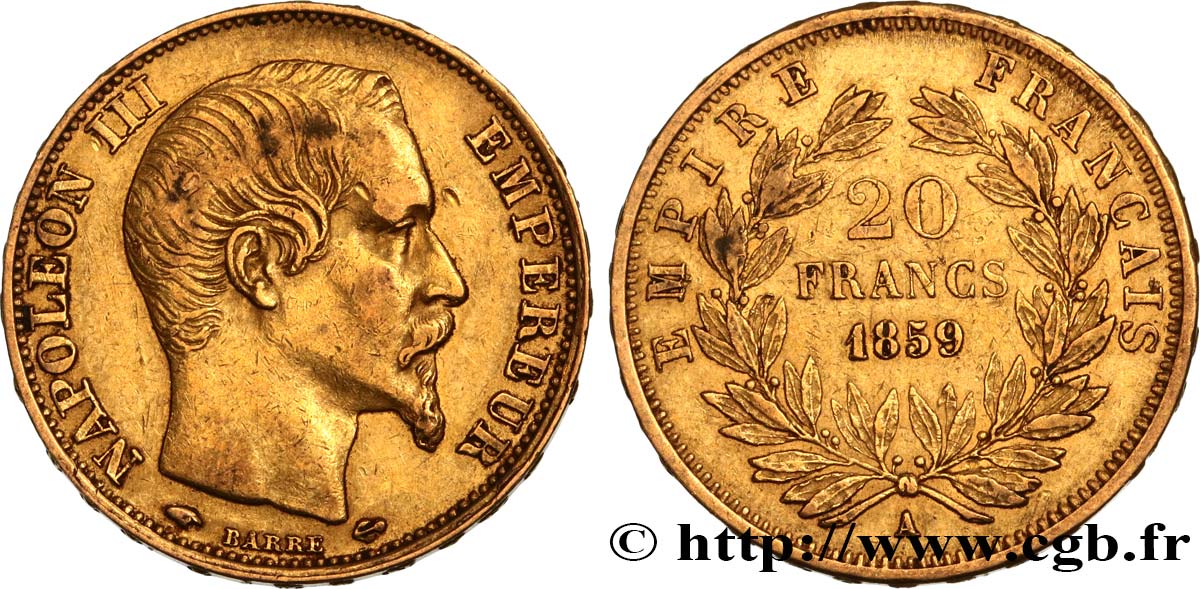 20 francs or Napoléon III, tête nue 1859 Paris F.531/15 BB48 
