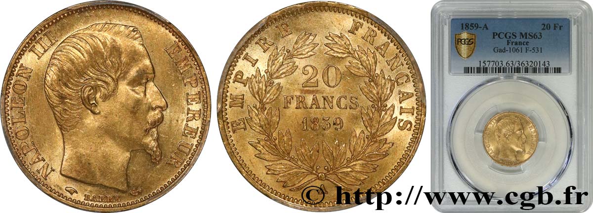 20 francs or Napoléon III, tête nue 1859 Paris F.531/15 SC63 PCGS