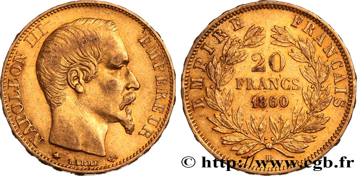 20 francs or Napoléon III, tête nue 1860 Strasbourg F.531/20 XF45 