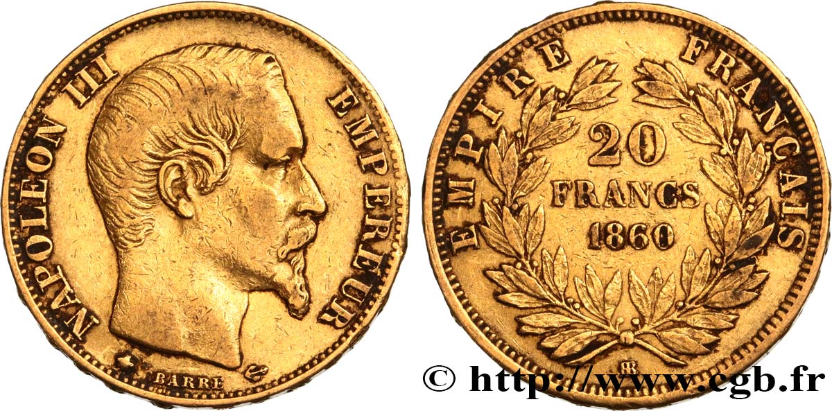 20 francs or Napoléon III, tête nue 1860 Strasbourg F.531/20 TB+ 