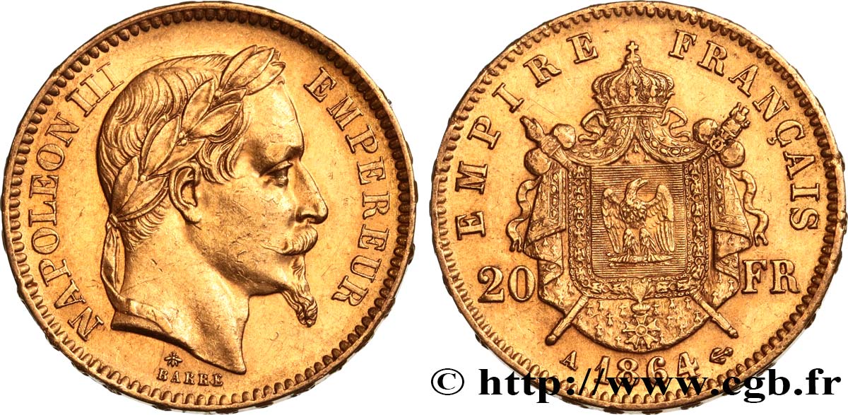 20 francs or Napoléon III, tête laurée 1864 Paris F.532/8 AU52 