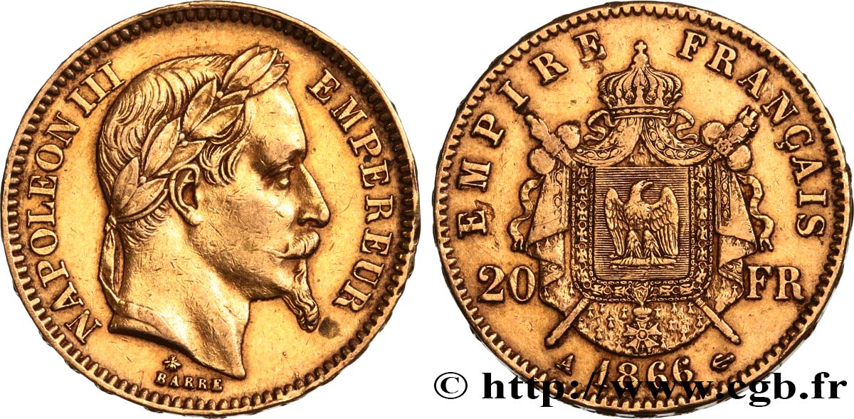 20 francs or Napoléon III, tête laurée 1866 Paris F.532/13 XF 