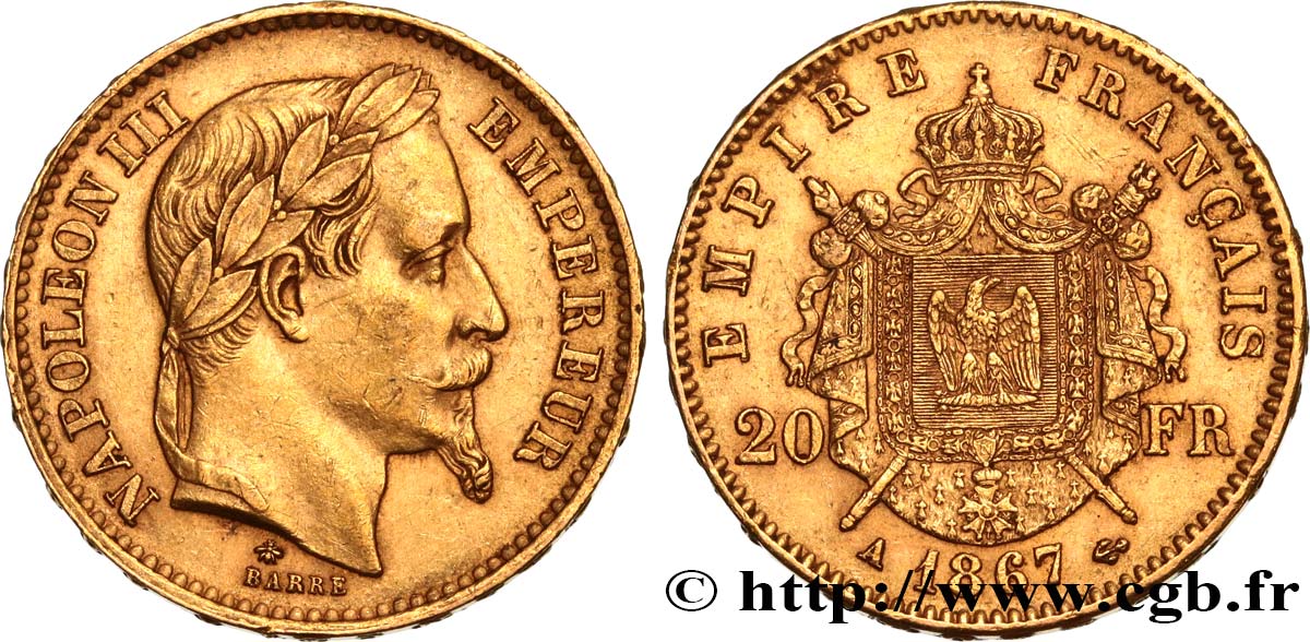 20 francs or Napoléon III, tête laurée 1867 Paris F.532/15 SS50 