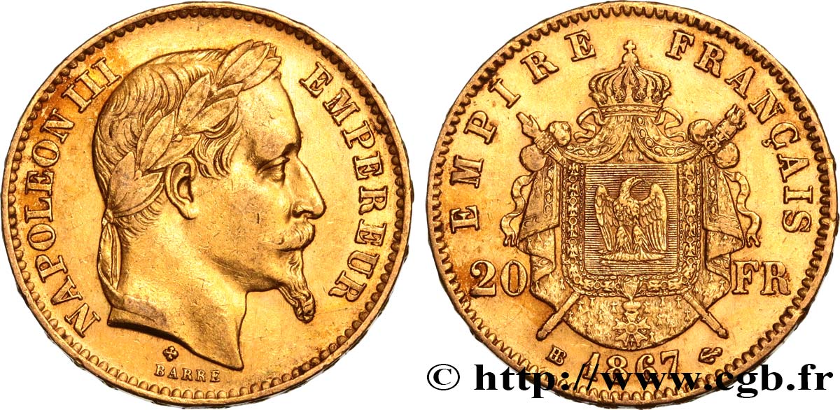20 francs or Napoléon III, tête laurée 1867 Strasbourg F.532/16 XF48 