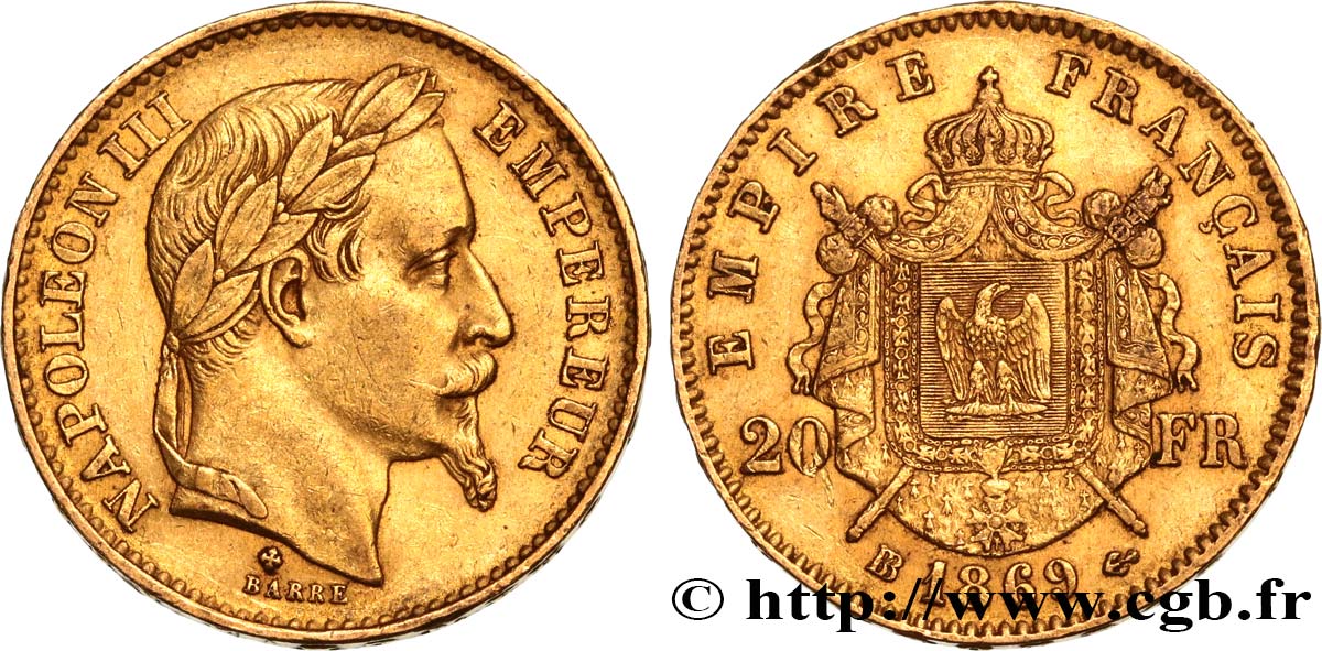 20 francs or Napoléon III, tête laurée, grand BB 1869 Strasbourg F.532/22 TTB48 