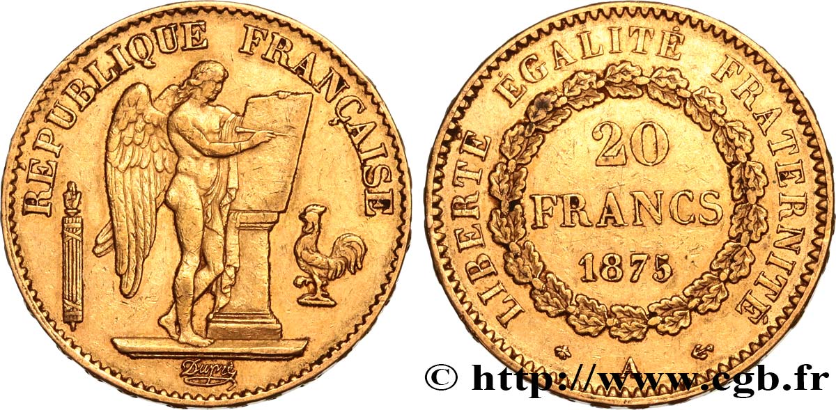 20 francs or Génie, IIIe République 1875 Paris F.533/3 MBC45 