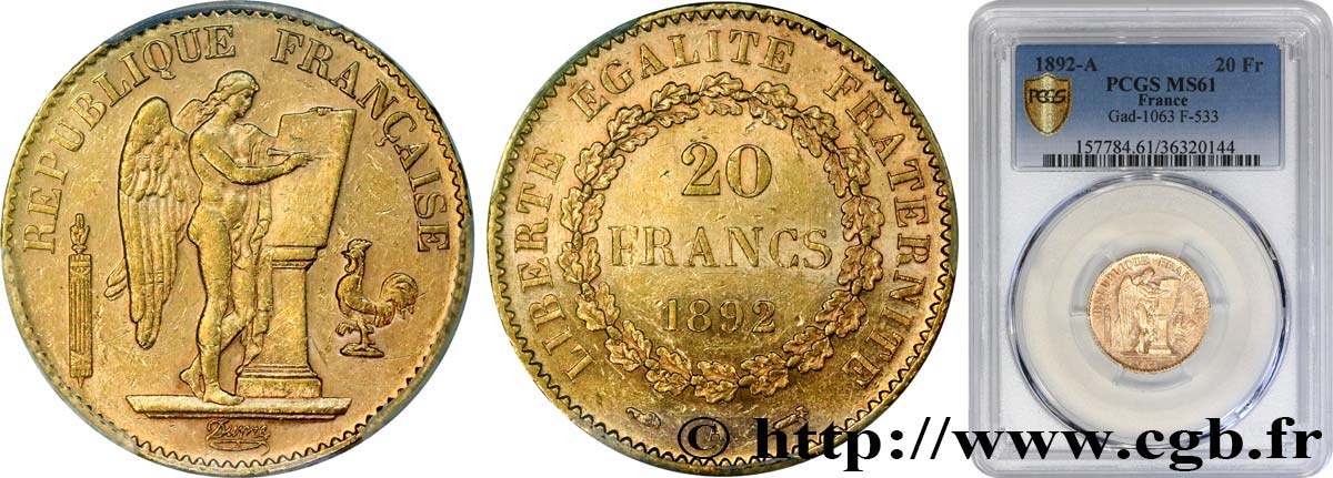 20 francs or Génie, Troisième République 1892 Paris F.533/16 VZ61 PCGS