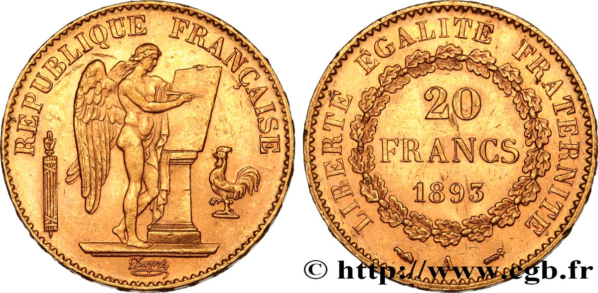 20 francs or Génie, IIIe République 1893 Paris F.533/17 MS60 