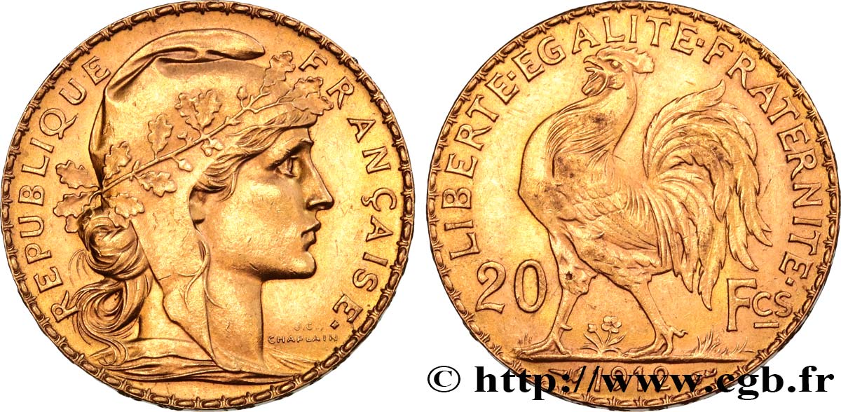 20 francs or Coq, Liberté Égalité Fraternité 1912 Paris F.535/6 SUP+ 