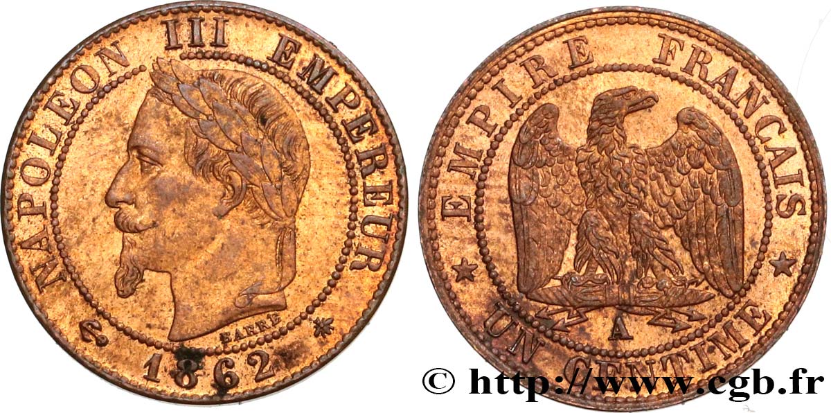 Un centime Napoléon III, tête laurée 1862 Paris F.103/4 SUP58 