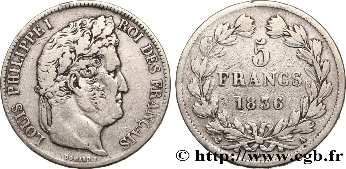 5 francs IIe type Domard 1836 Paris F.324/53 TB 