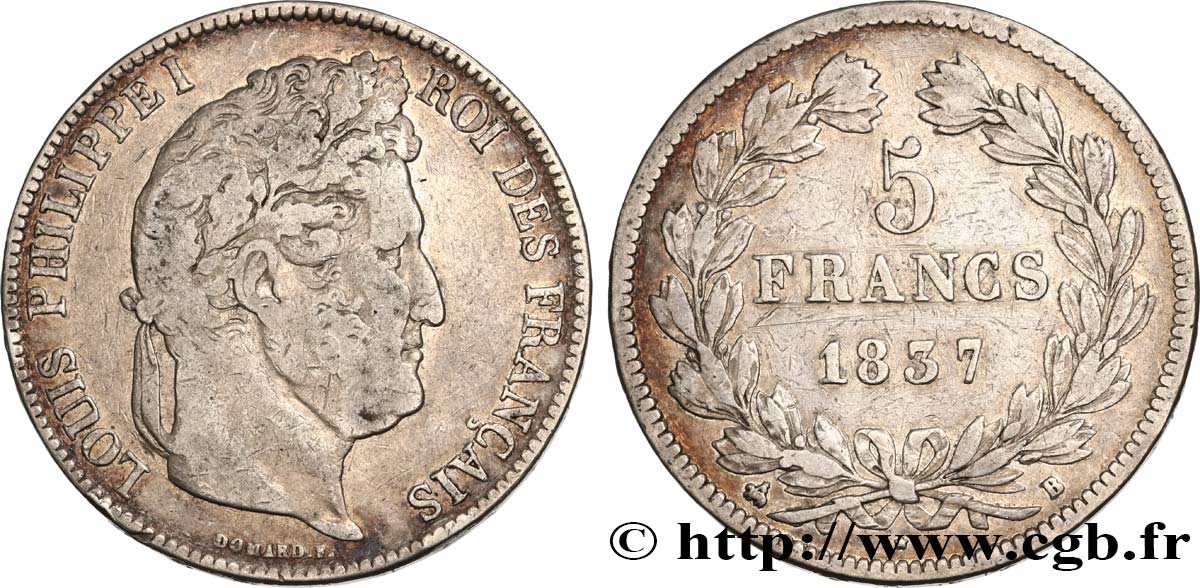 5 francs IIe type Domard 1837 Rouen F.324/62 VF 