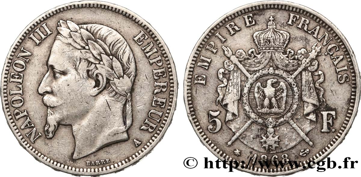 5 francs Napoléon III, tête laurée 1868 Paris F.331/12 S 