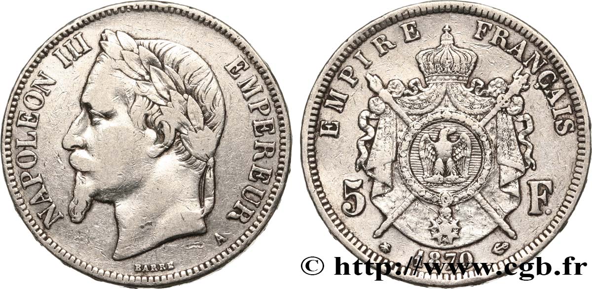 5 francs Napoléon III, tête laurée 1870 Paris F.331/16 MB 