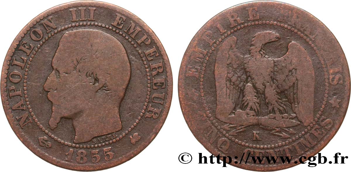 Cinq centimes Napoléon III, tête nue 1855 Bordeaux F.116/25 SGE12 