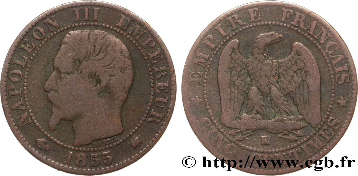 Cinq centimes Napoléon III, tête nue 1855 Bordeaux F.116/25 TB15 