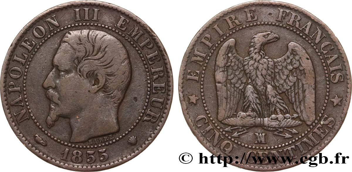 Cinq centimes Napoléon III, tête nue 1855 Marseille F.116/26 S20 