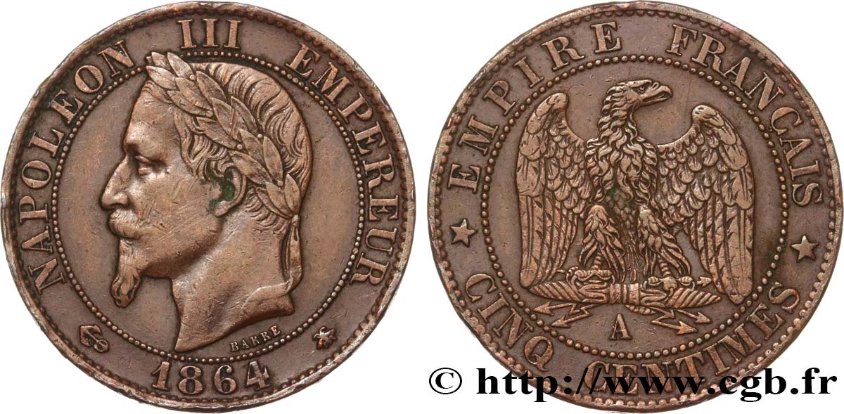 Cinq centimes Napoléon III, tête laurée 1864 Paris F.117/13 TTB45 