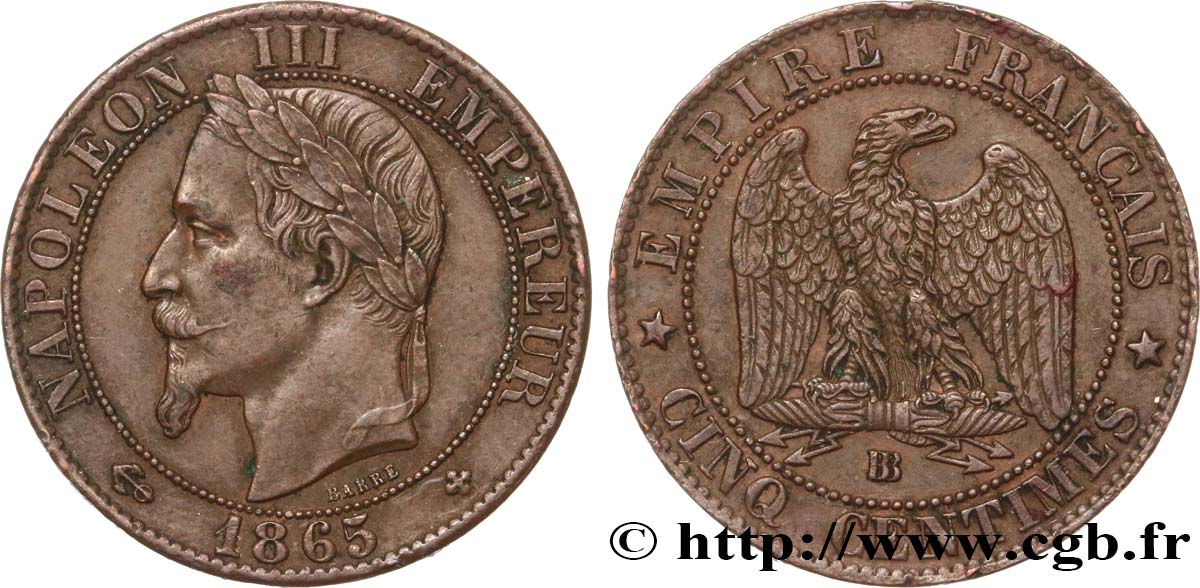 Cinq centimes Napoléon III, tête laurée 1865 Strasbourg F.117/17 MBC48 