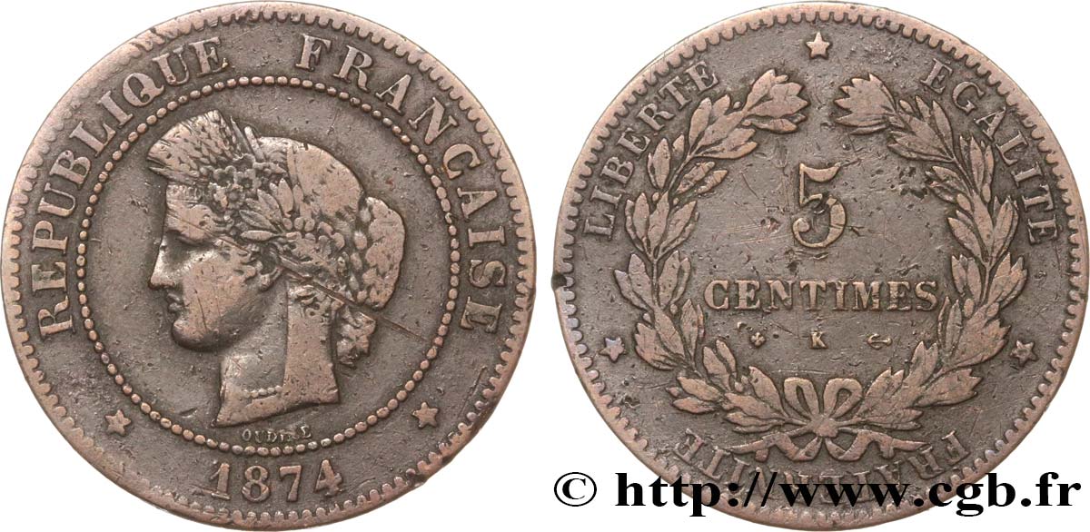 5 centimes Cérès 1874 Bordeaux F.118/10 B+ 