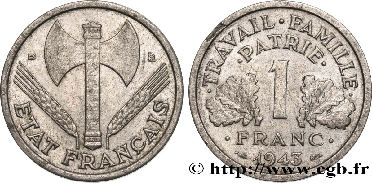 1 franc Francisque, légère 1943 Beaumont-Le-Roger F.223/4 TB+ 