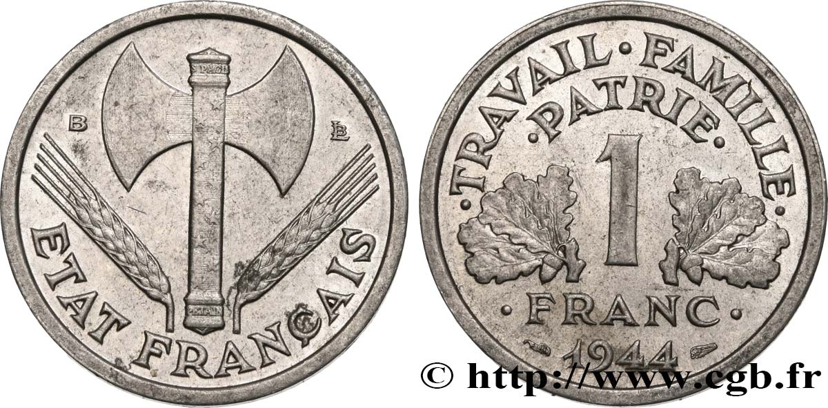 1 franc Francisque, légère 1944 Beaumont-Le-Roger F.223/6 BB52 