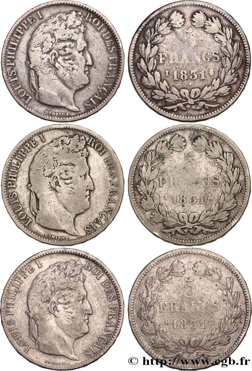 Lot de trois pièces de 5 francs Ier type Domard, tranche en relief 1831 s.l. F.320/6 TB 
