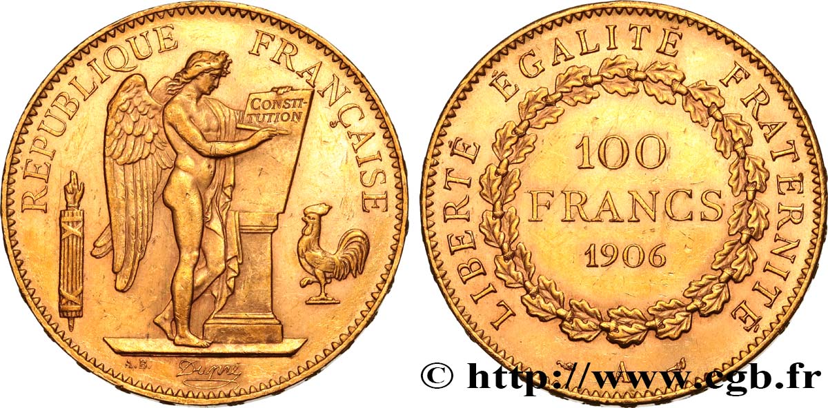 100 francs or Génie, tranche inscrite en relief Dieu protège la France 1906 Paris F.552/19 VZ58 