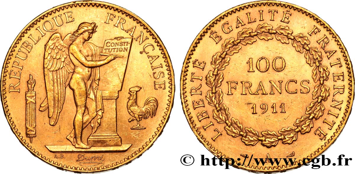 100 francs or Génie, tranche inscrite en relief Liberté Égalité Fraternité 1911 Paris F.553/5 SPL58 