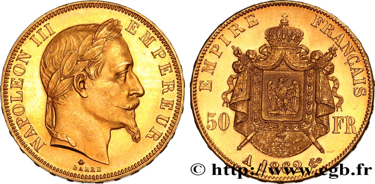 50 francs or Napoléon III, tête laurée 1862 Paris F.548/1 fST63 