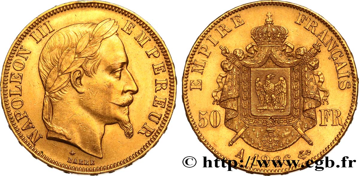 50 francs or Napoléon III, tête laurée 1866 Paris F.548/6 SPL58 