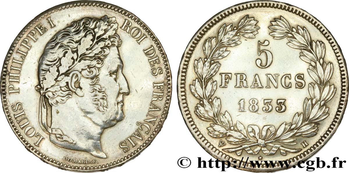 5 francs IIe type Domard, 1833/2 1833 La Rochelle F.324/19 AU 