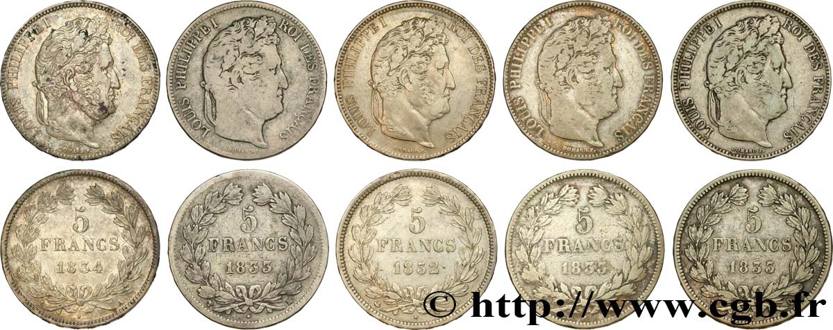 Lot de cinq pièces de 5 francs IIe type Domard n.d. s.l. F.324/4 BC/MBC 