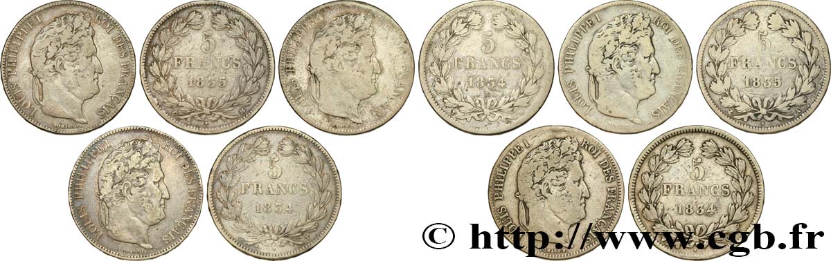 Lot de cinq pièces de 5 francs IIe type Domard n.d. s.l. F.324/38 TB 
