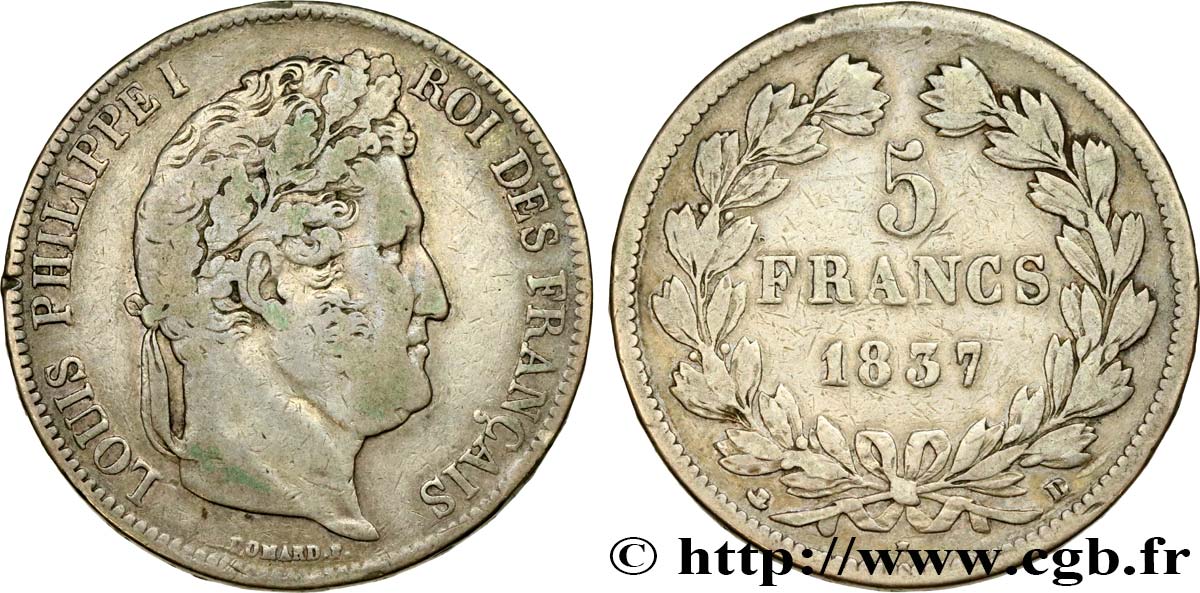 5 francs IIe type Domard 1837 Lyon F.324/64 TB25 