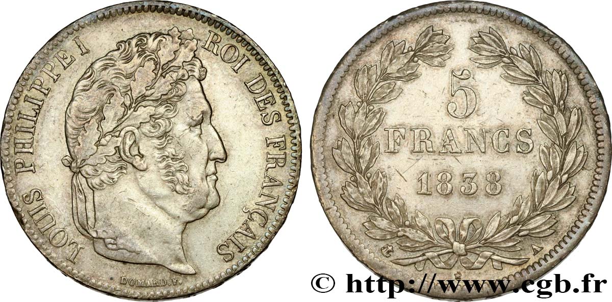 5 francs IIe type Domard 1838 Paris F.324/68 AU53 