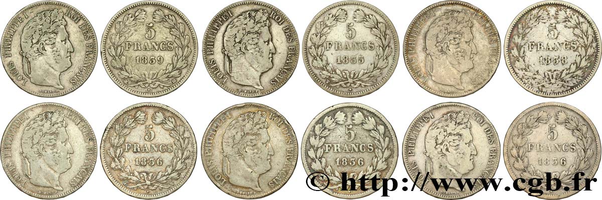 Lot de six pièces de 5 francs IIe type Domard n.d. s.l. F.324/52 BC 