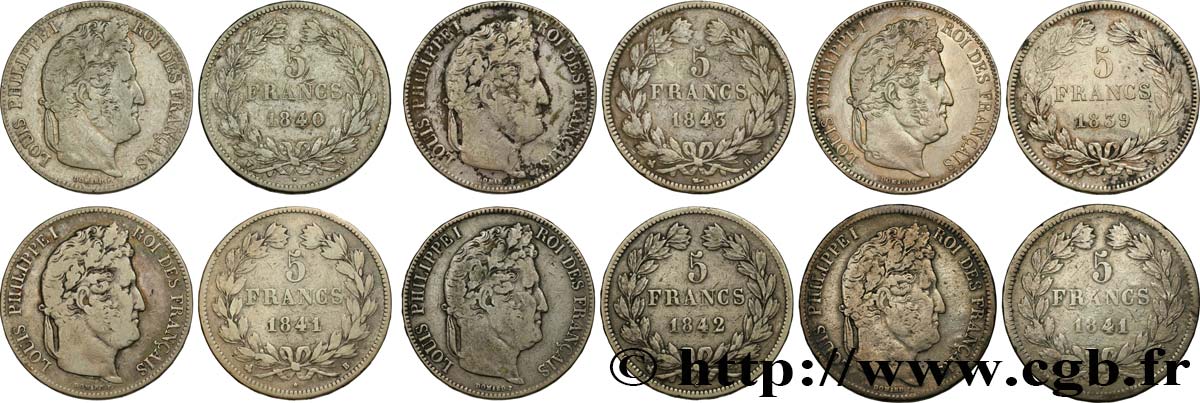 Lot de six pièces de 5 francs IIe type Domard n.d. s.l. F.324/82 BC/MBC 