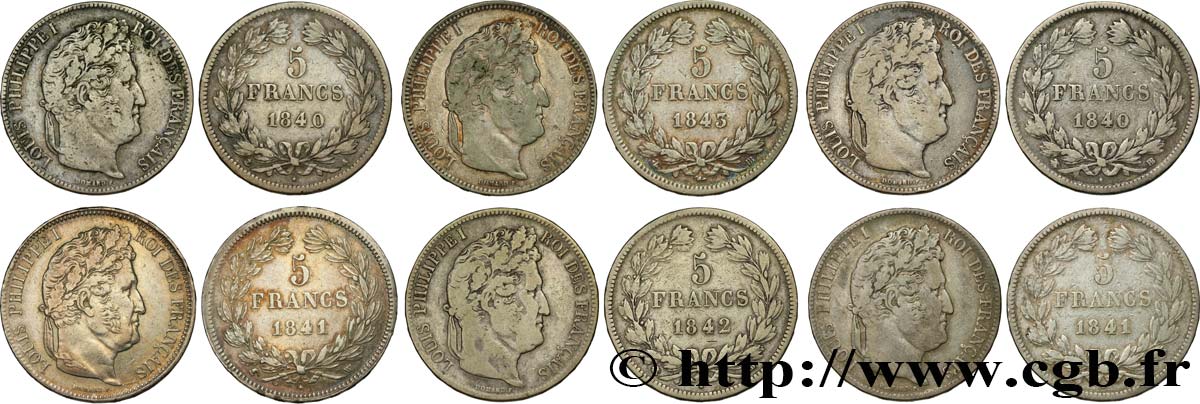 Lot de six pièces de 5 francs IIe type Domard n.d. s.l. F.324/83 BC/MBC 