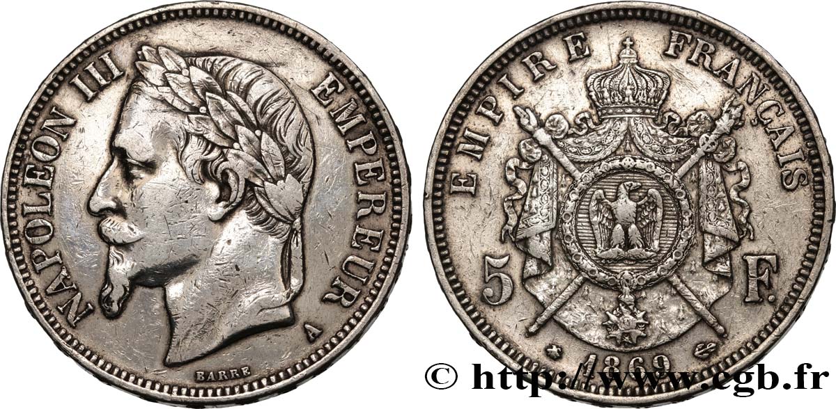 5 francs Napoléon III, tête laurée 1869 Paris F.331/14 S 