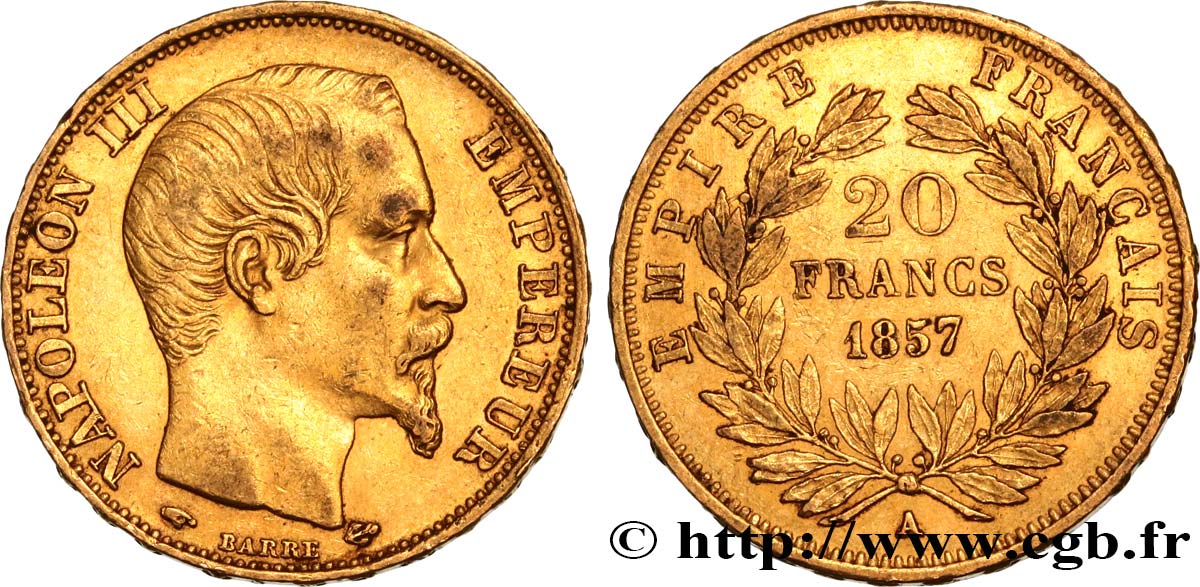 20 francs or Napoléon III, tête nue 1857 Paris F.531/12 XF48 